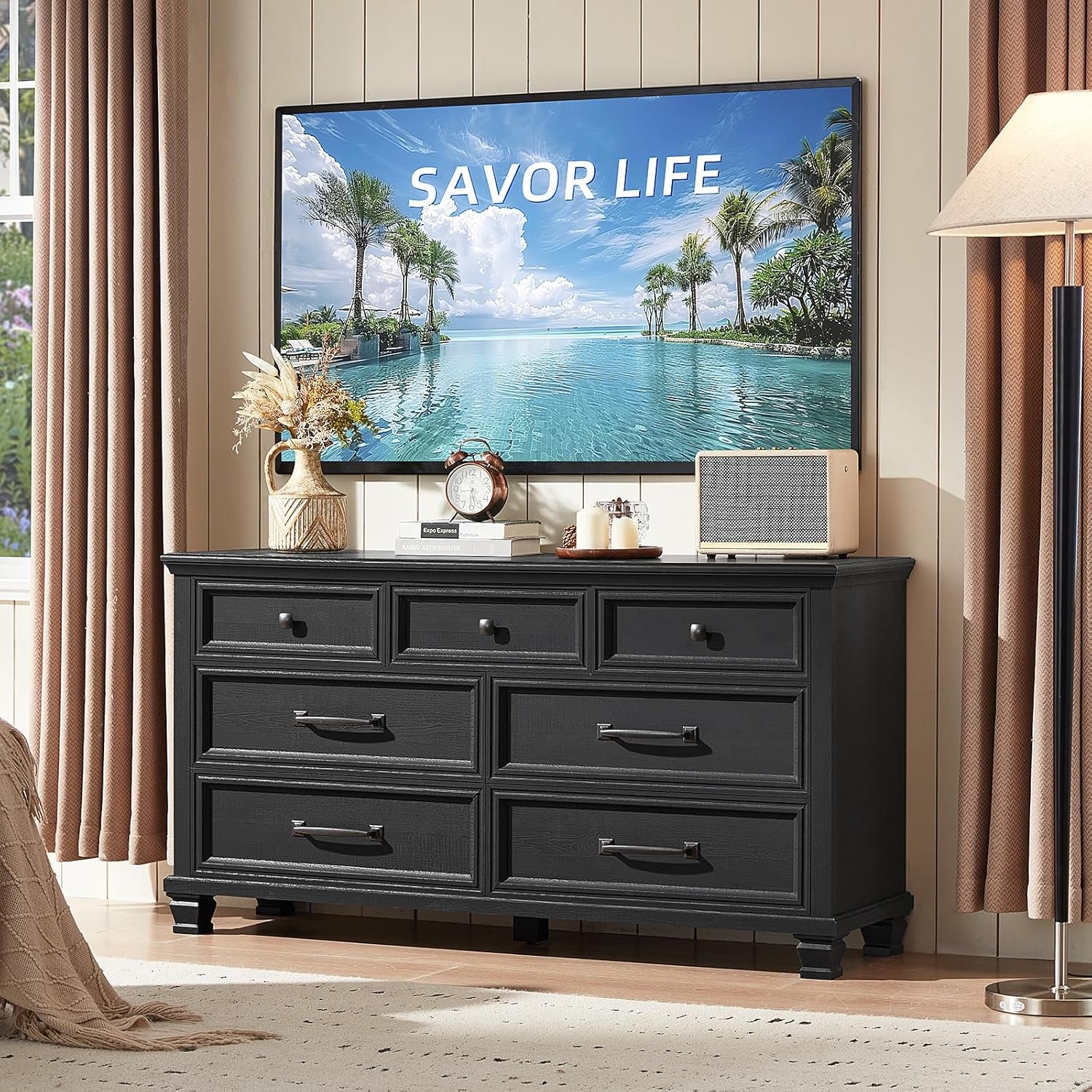 Farmhouse Bedroom Dresser and Nightstand Set, 7 Drawer Dresser & 1 Drawer Nightstand Set, Rustic Wood Bedroom Furniture Set for Home, Hallway, Black