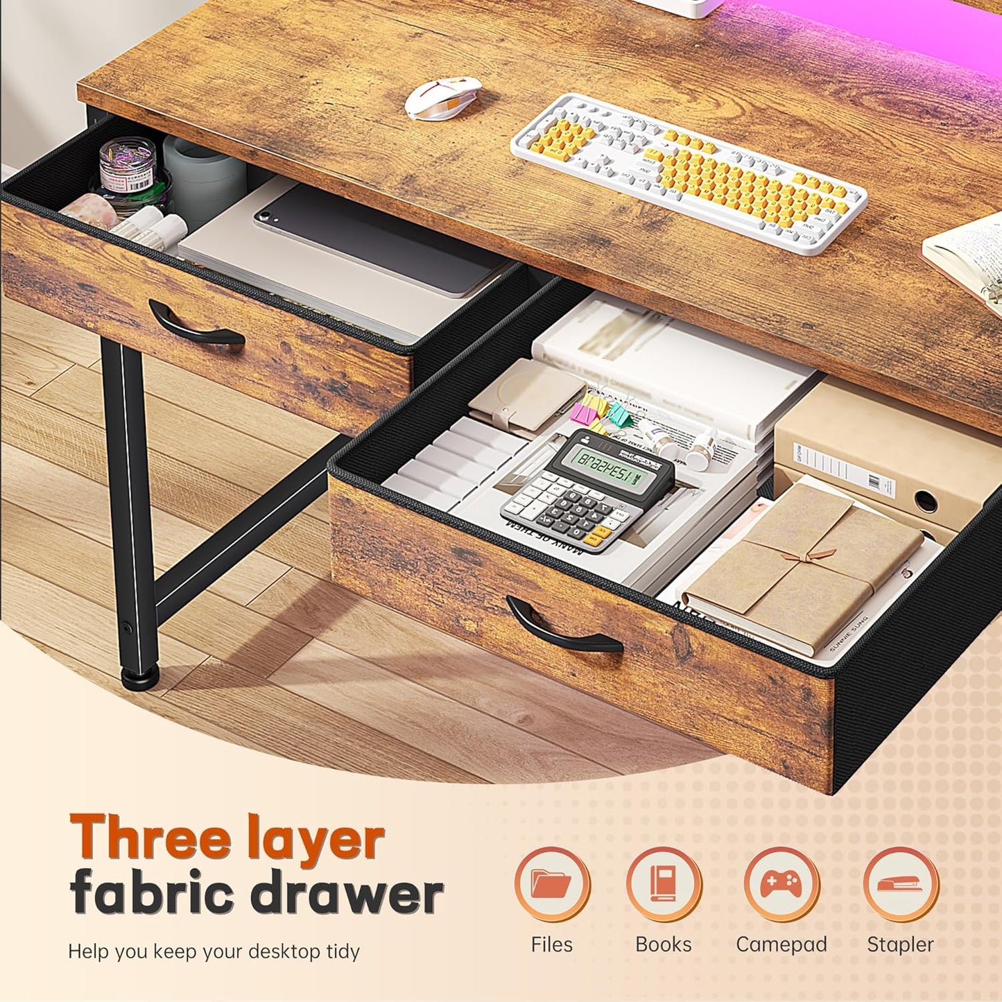 Gaming Desk with LED Lights & 2 Fabric Drawers, 39.4Inch Home Office Computer Desk with Side Pocket & Ergonomic Monitor Stand, Small Space Study Writing Table with Anti-Tip Design, Rustic Brown