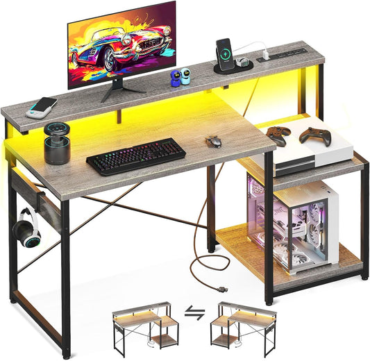 Computer Desk, 48 Inch Gaming Desk with Led Lights & Power Outlet, Office Desk with Storage Shelves, Reversible Desk with Monitor Shelf & Headphone Hook, Grey Oak