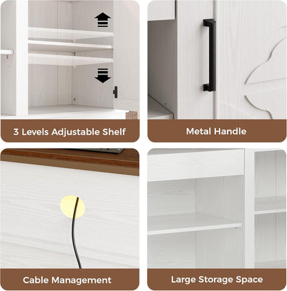65.8" Farmhouse TV Stand for 60/65/70 Inch Tvs, Tall Entertainment Center with LED Lights & Power Outlet, Media Console with Storage Cabinets & Adjustable Shelves for Living Room, White
