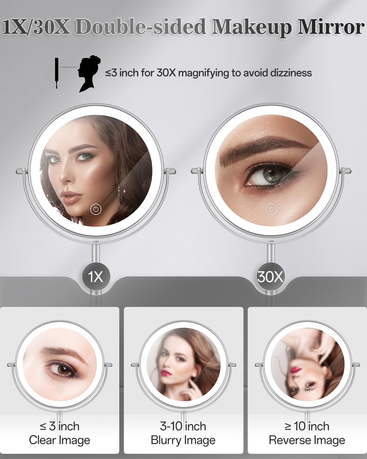 Makeup Mirror with Lights, 1X/30X Lighted Magnifying Mirror Height Adjustable, 3000Mah Rechargeable Double Sided Vanity Mirrors with 3 LED Lighting and Adjustable Brightness for Desk Women Gift