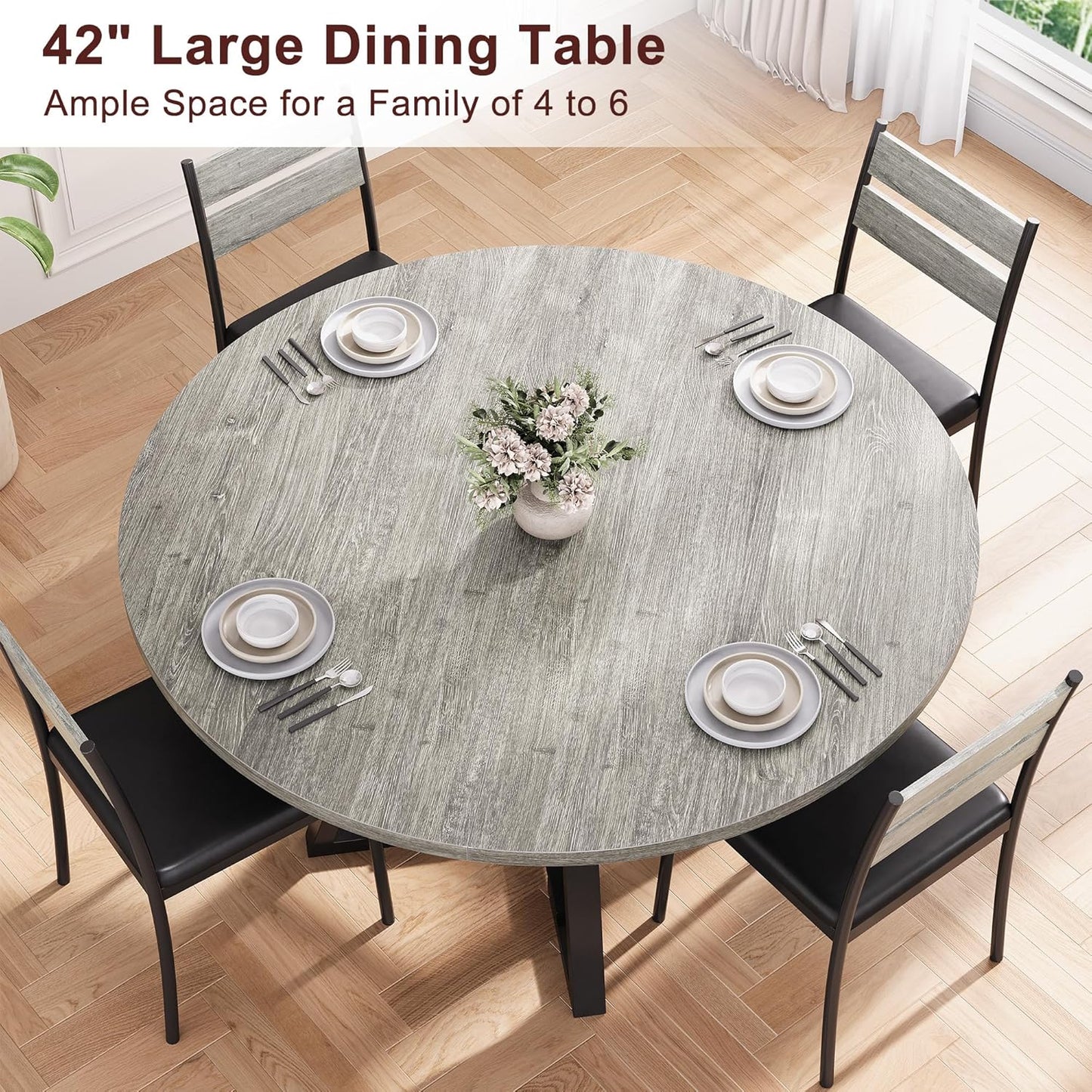 round Dining Table for 4,Kitchen Dining Room Circle Dinner Pedestal Table,Space Saving Wood Kitchen & Dining Room Furniture, 42In,Grey
