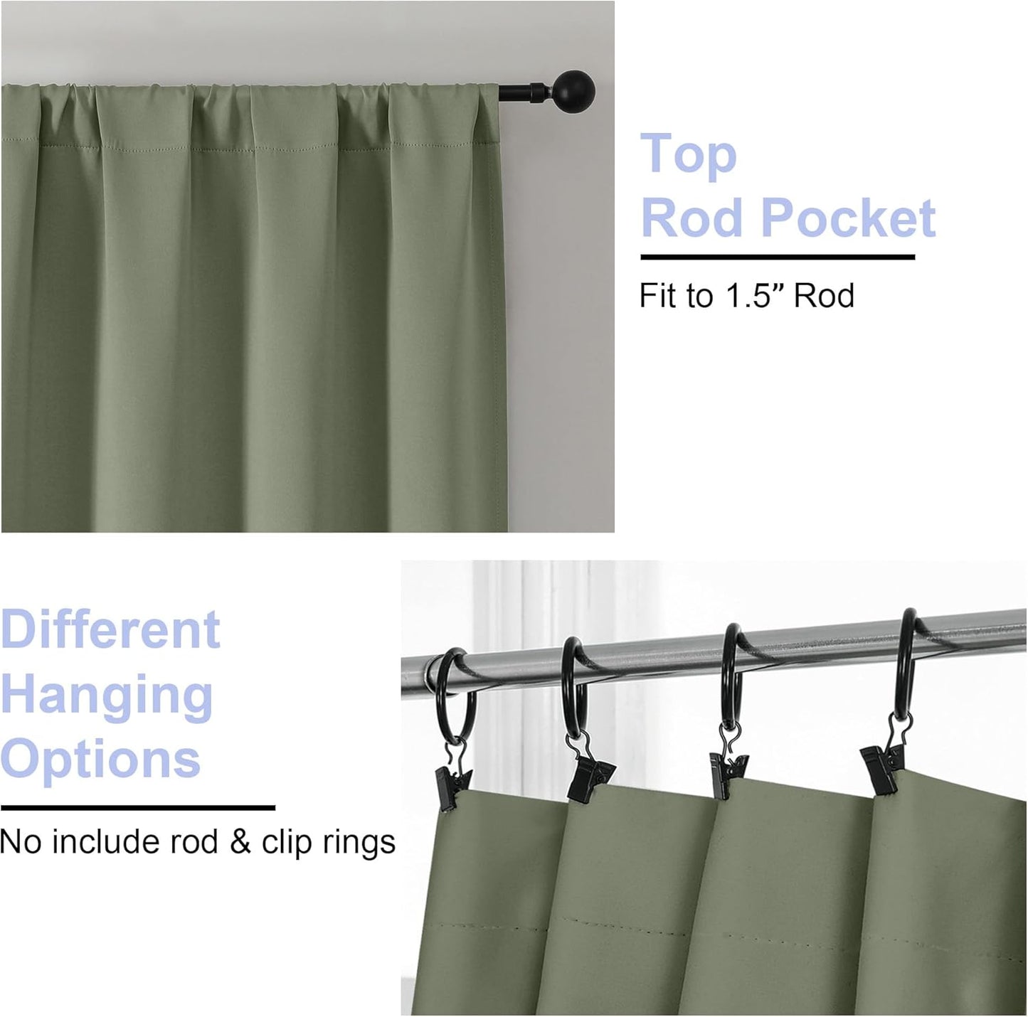 Ava Sage Green Blackout Curtains for Bedroom 63 Inch Length 2 Panels Set, Solid Thermal Insulated Energy Saving Rod Pocket Window Treatment Curtains Blackout Drapes, W40 X L63 Inch, Sage