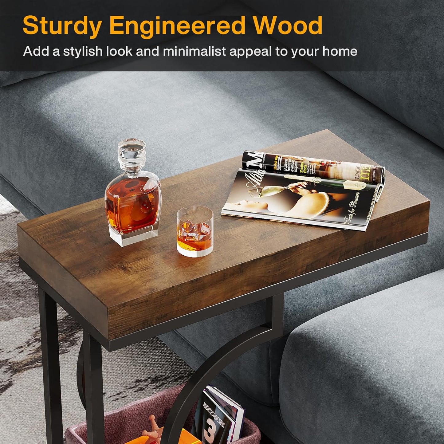 Narrow Side Table Brown Black C Shaped End Table Modern Bedside Tables for Couch, Small Sofa Tables with Metal Frame for Living Room (1, Brown+Black)