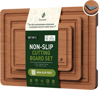 3 Packs Bamboo Cutting Board Set with Non Slip Feet and over Sink Nice Solid Thick Wood Juice Groove Chopping Board Extra Large Big Small Best Hardwood Kitchen Counter Organic Vegetable