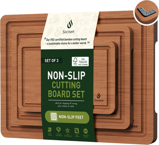 3 Packs Bamboo Cutting Board Set with Non Slip Feet and over Sink Nice Solid Thick Wood Juice Groove Chopping Board Extra Large Big Small Best Hardwood Kitchen Counter Organic Vegetable