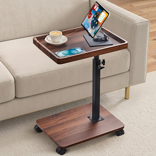TV Tray Table Sofa Side Table Adjustable Height, 360°Swivel Couch Table for Small Spaces, C Shaped End Tables Living Room and Bedroom for Sofa, Bed, Chair, Snack, Living Room (Walnut Brown)