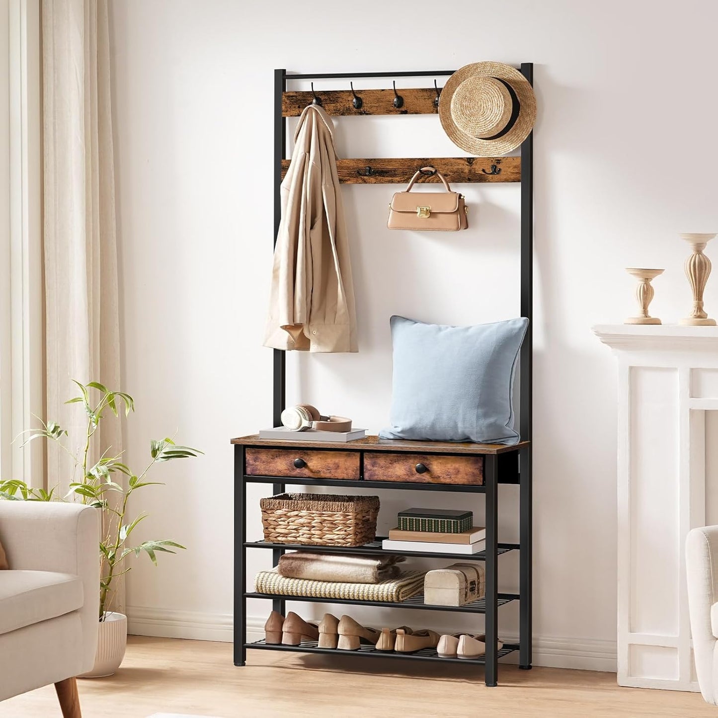 Hall Tree, Entryway Coat and Shoe Rack, 2 Fabric Drawers, Hall Tree with Bench, Shoe and Coat Rack, Coat Rack with Shoe Storage, 4 Tier Shoe Organizer, 9 Hooks, Rustic Brown and Black BF81MT01