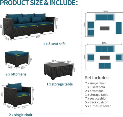 Patio Furniture Set 6 Pieces Couch Outdoor Chairs Coffee Table Peacock Blue Anti-Slip Cushions and Waterproof Covers