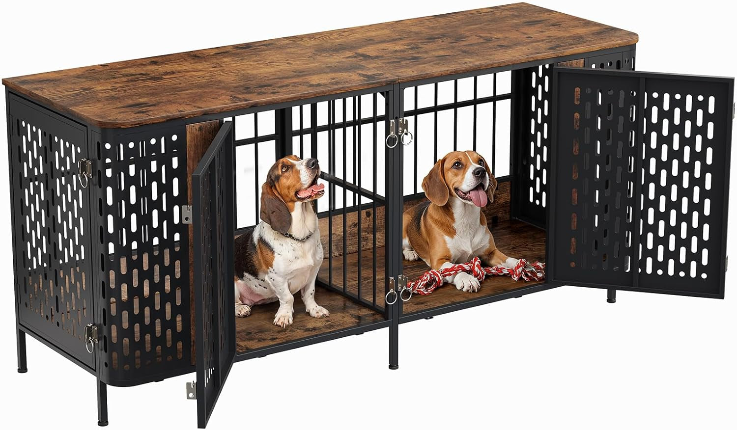 63" Double Dog Crate Furniture for 2 Dogs, Heavy Duty Dog Crates with Divider for High Anxiety Dog, Escape Proof Pet Cage, Dog Kennel Furniture Indoor as TV Stand for Medium Large Dogs,Brown
