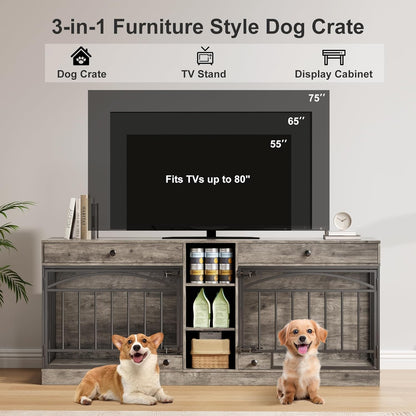 Dog Crate Furniture for 2 Dogs, Dog Kennel Indoor with Storage and Feeding Bowls, Double Dog Crate TV Stand for Small Medium Dogs, Grey