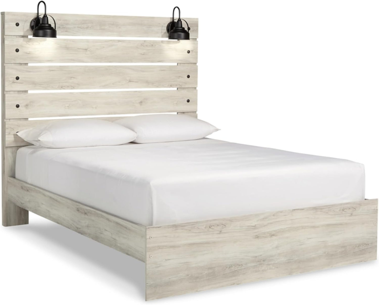 Cambeck Farmhouse Queen Panel Bed with Sconce Lights and USB Ports, Foundation or Box Spring Needed, Whitewash