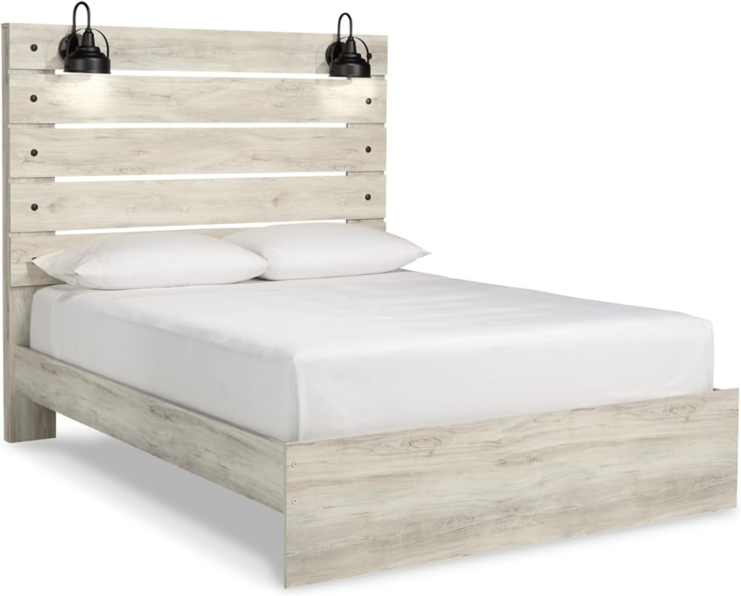 Cambeck Farmhouse Queen Panel Bed with Sconce Lights and USB Ports, Foundation or Box Spring Needed, Whitewash