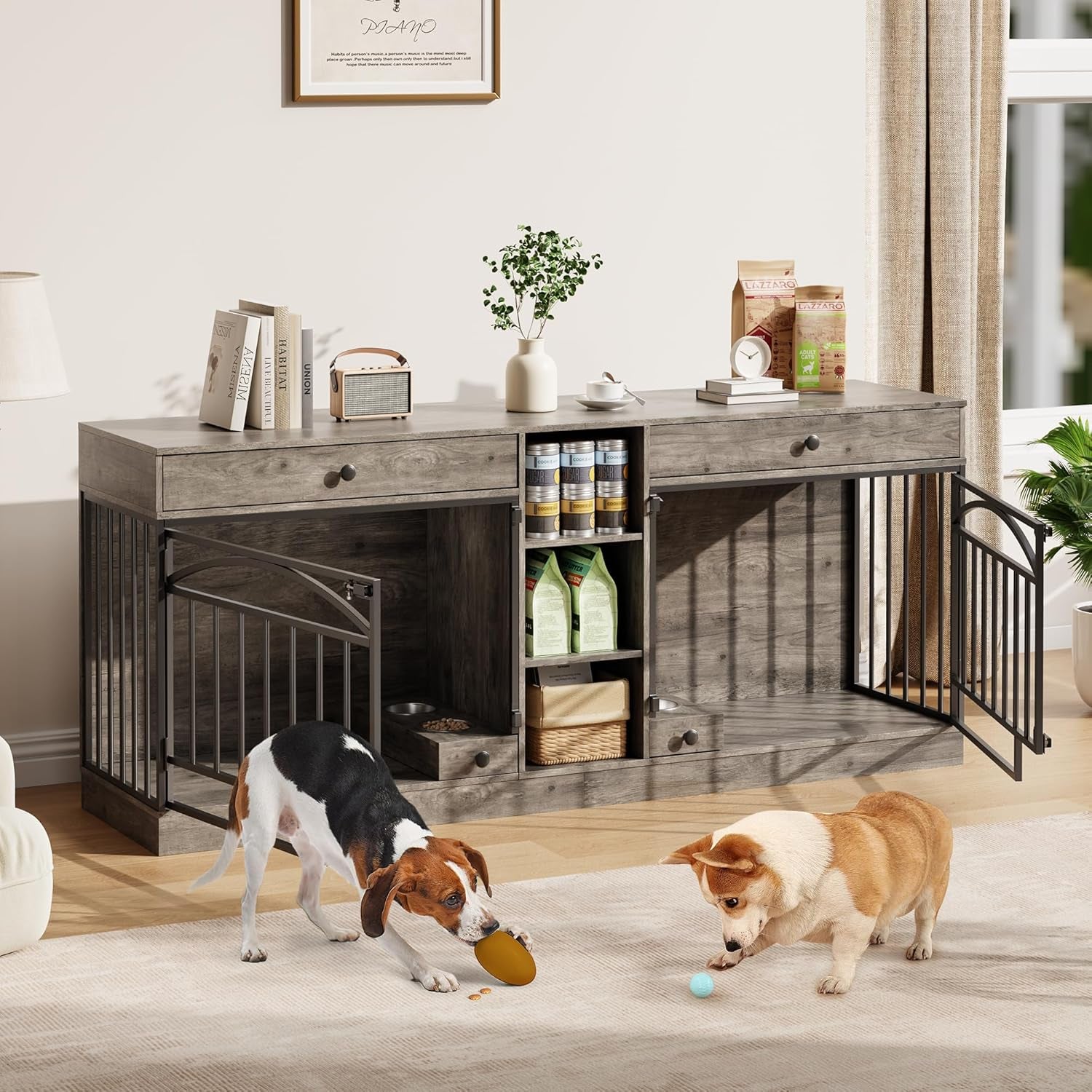 Dog Crate Furniture for 2 Dogs, Dog Kennel Indoor with Storage and Feeding Bowls, Double Dog Crate TV Stand for Small Medium Dogs, Grey