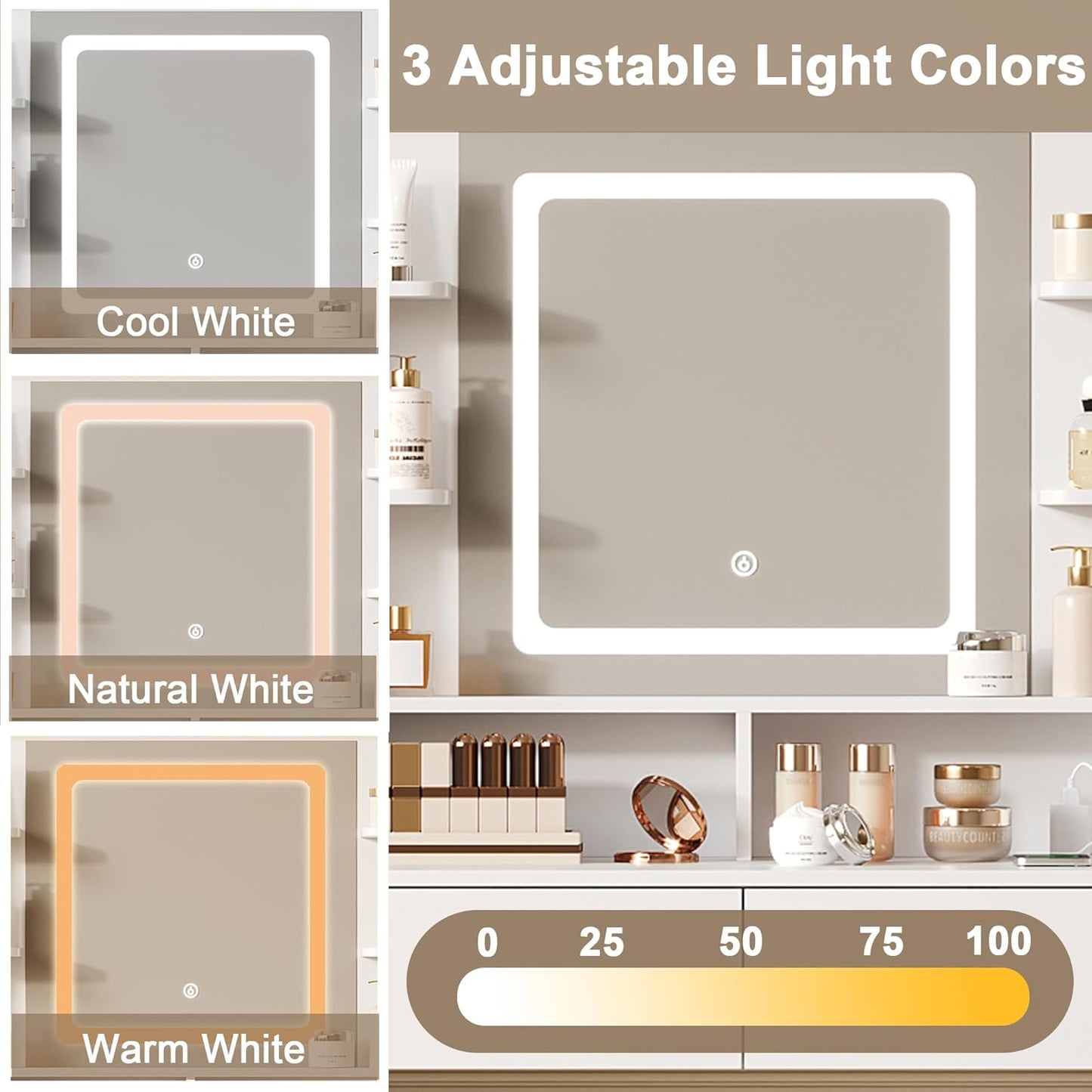 White Vanity with Lighted Mirror, 8 Shelves, 2 Drawers, Charging Station, Hair Dryer Holder & Stool, LED Mirror with 3 Light Modes