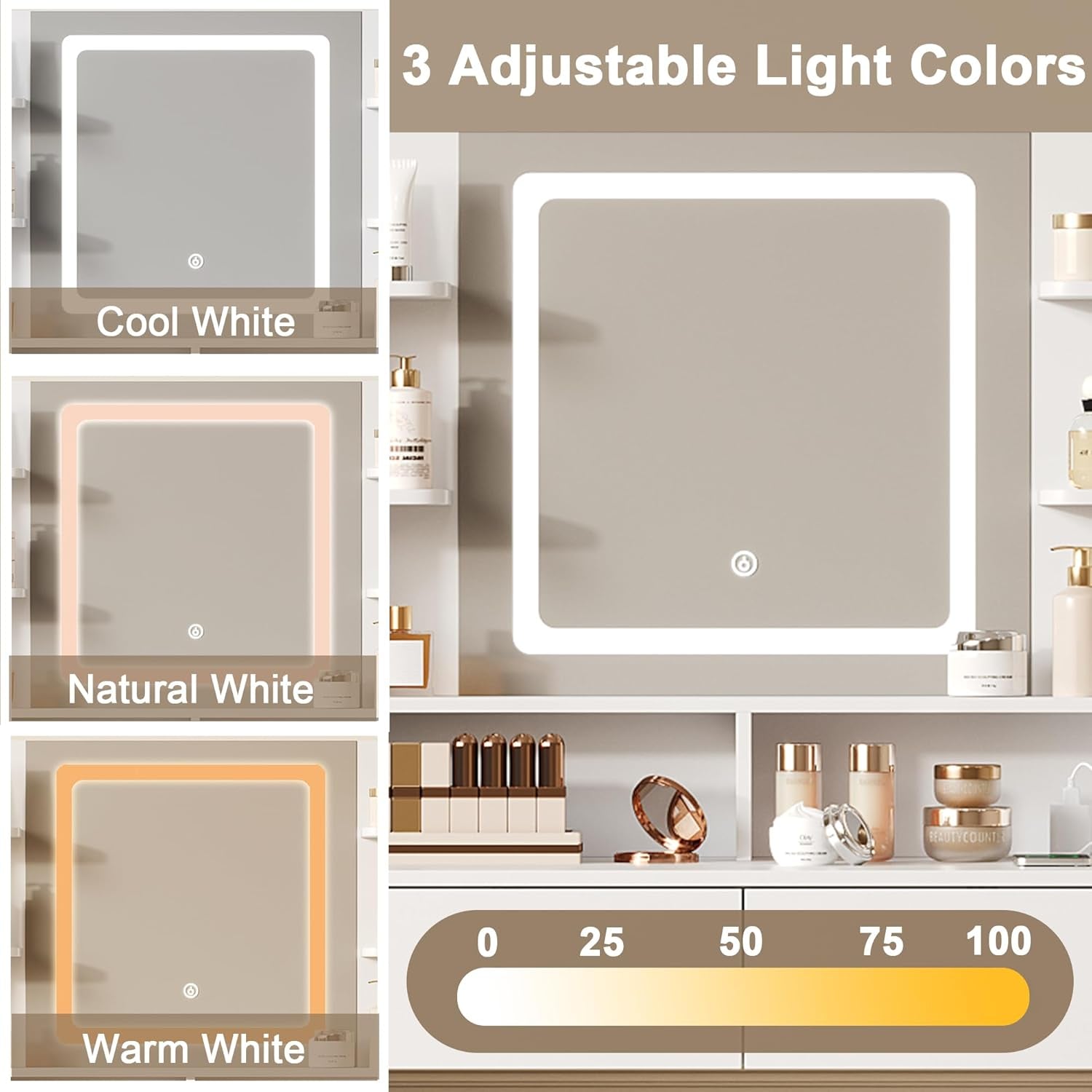 White Vanity with Lighted Mirror, 8 Shelves, 2 Drawers, Charging Station, Hair Dryer Holder & Stool, LED Mirror with 3 Light Modes