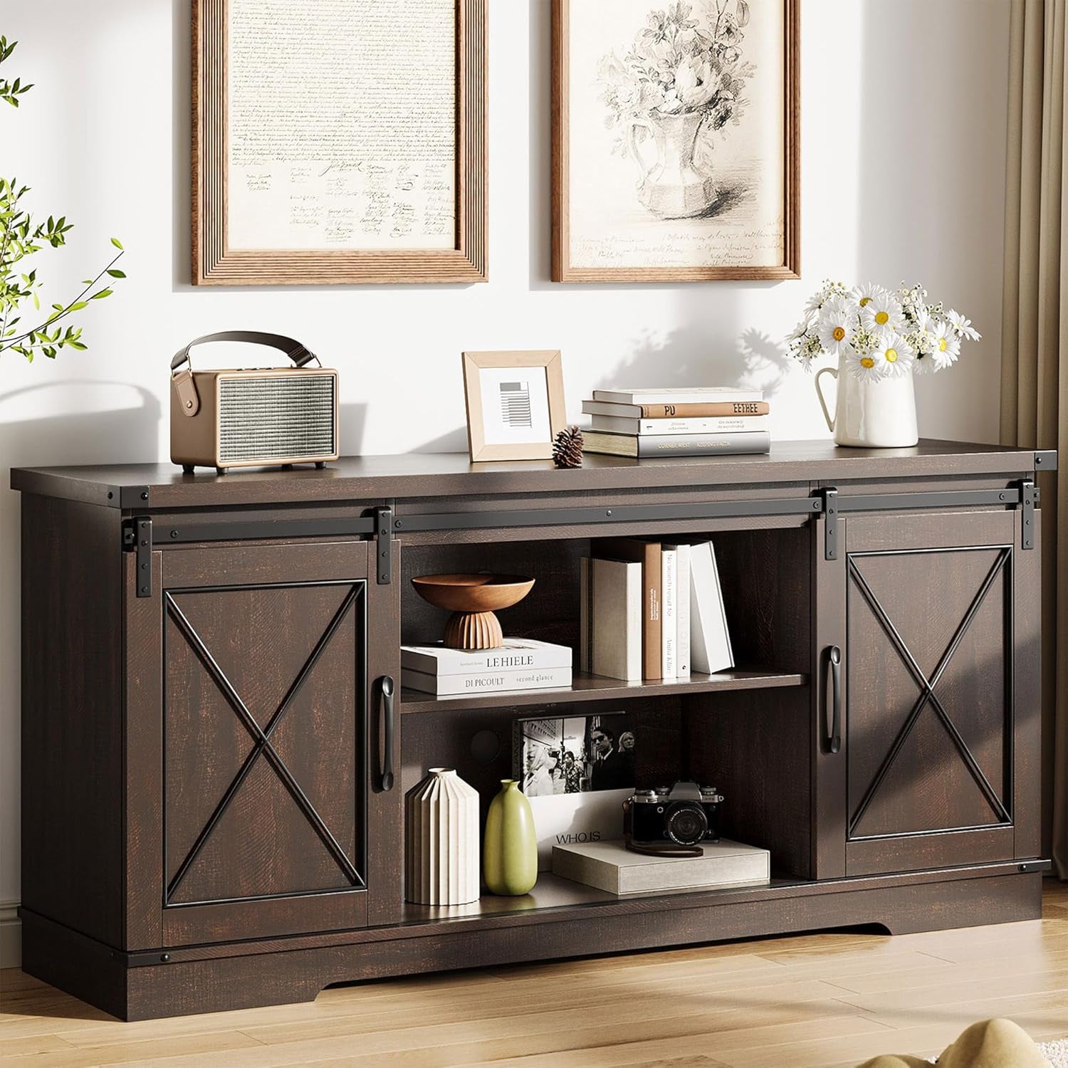 Farmhouse TV Stand and Entertainment Center for Tv up to 65 Inches with Sliding Barn Doors and Adjustable Shelf, Tv Media Console Table with Storage Cabinet for Living Room, Brown