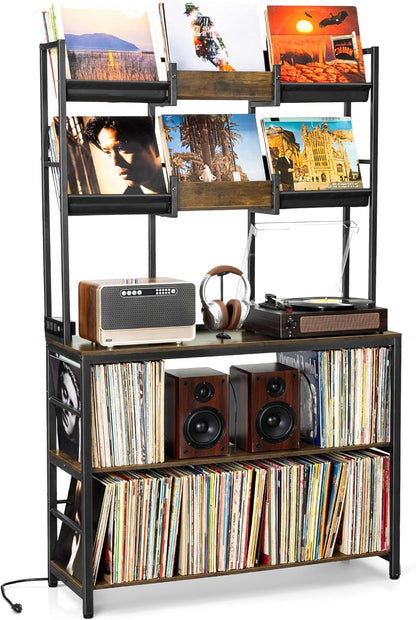 Extra Large Record Player Stand, Vinyl Record Stand Hold up to 600 Albums, Turntable Stand with Record Display Shelf, Record Player Table for Living Room Bedroom Music Room Studio, Rustic Brown