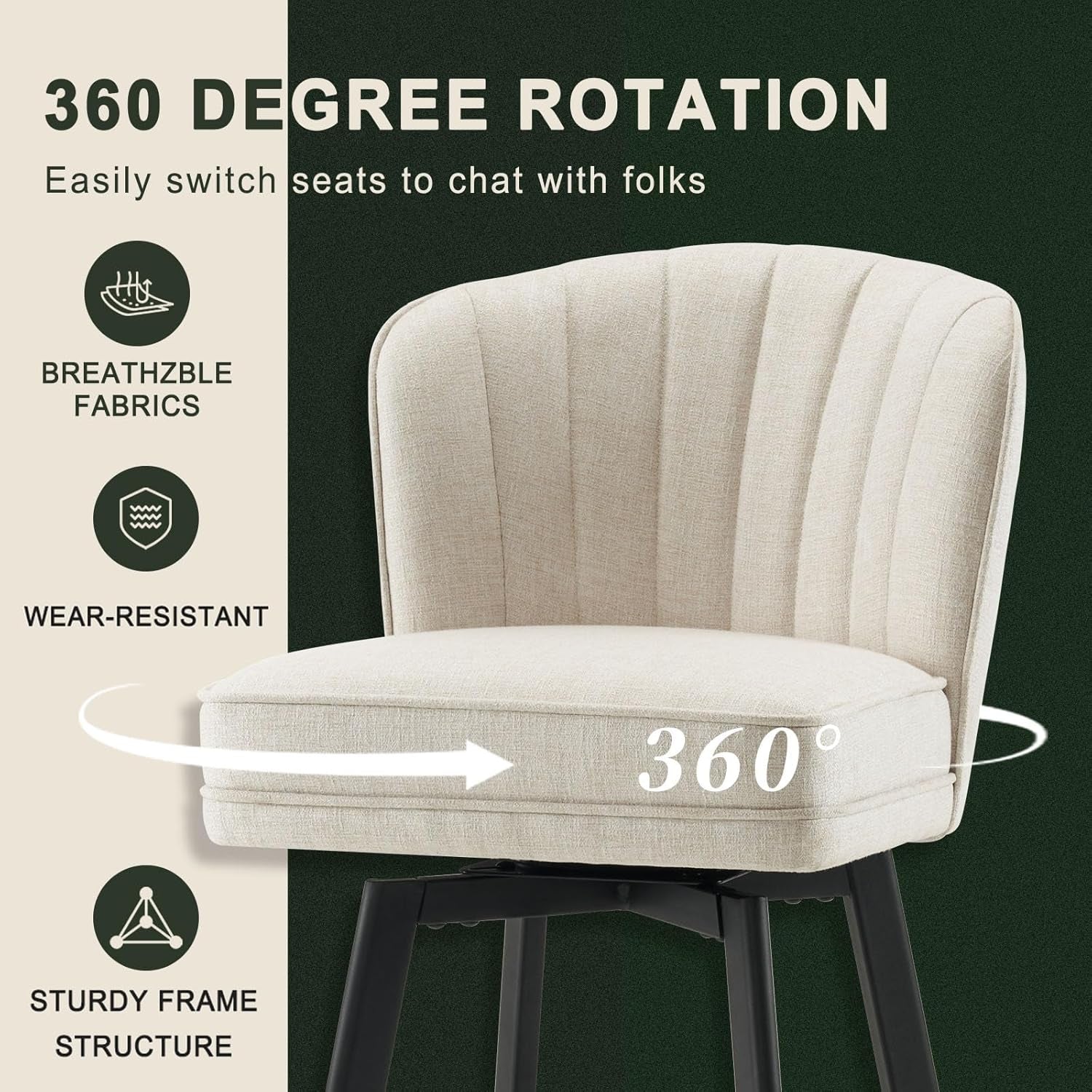 Swivel Counter Height Bar Stools Set of 2, 26'' Modern Barstools with Backs and Metal Legs, Upholstered Bar Chairs, Beige, Fabric Stools for Kitchen Island Chairs
