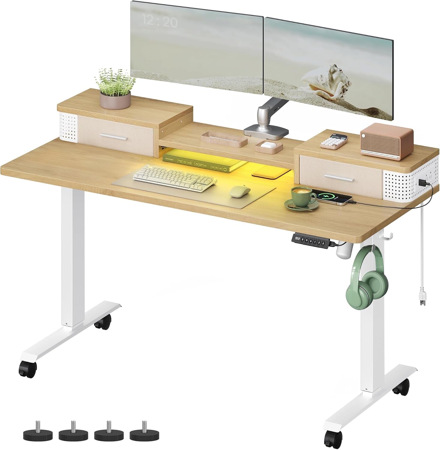 Electric Standing Desk with Drawers, 55.1 X 23.6 Inches, Sit Stand Desk with Power Outlet and LED Lights, Adjustable Height, Storage Shelf, 3 Memory Buttons, for Home Office, Straw Yellow