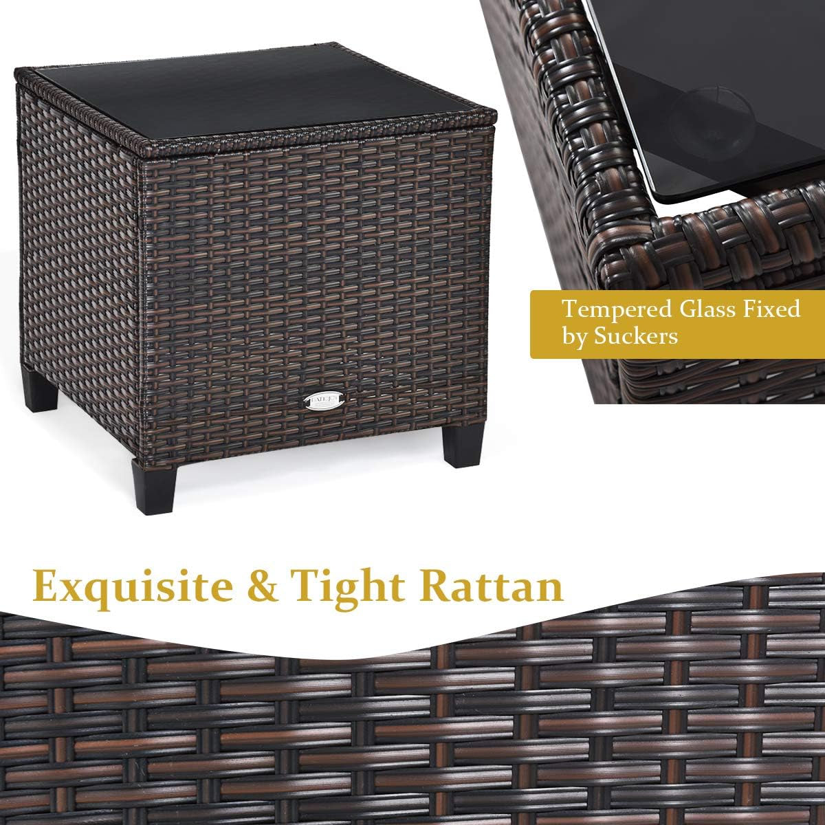 3 Pieces Patio Furniture Set, PE Rattan Wicker 3 Pcs Outdoor Sofa Set W/Washable Cushion and Tempered Glass Tabletop, Conversation Furniture for Garden Poolside Balcony (Beige)
