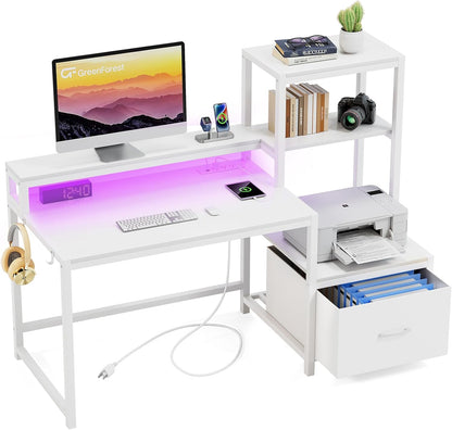 Office Desk with Power Outlets and Printer Shelf, 68.8 Inch Computer Desk with LED and Drawer, Reversible Gaming Desk with Storage for Home Study Working,Walnut