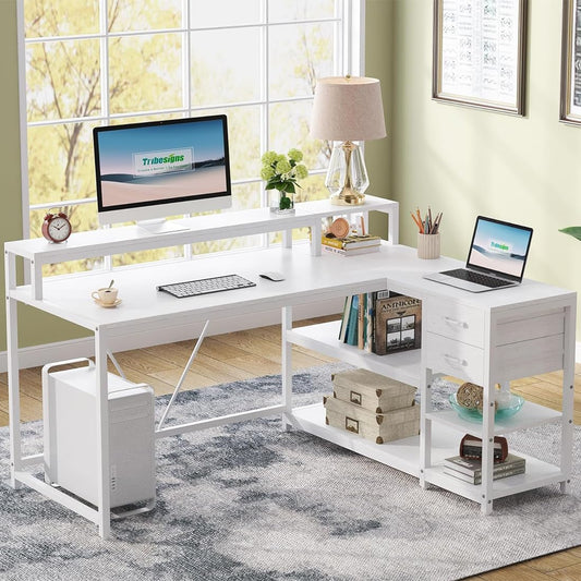 55-Inches Reversible L Shaped Desk with Drawer, Modern White L Corner Desk Home Office Table with Storage Shelves and Monitor Stand, Wooden and Metal PC Desk for Small Space