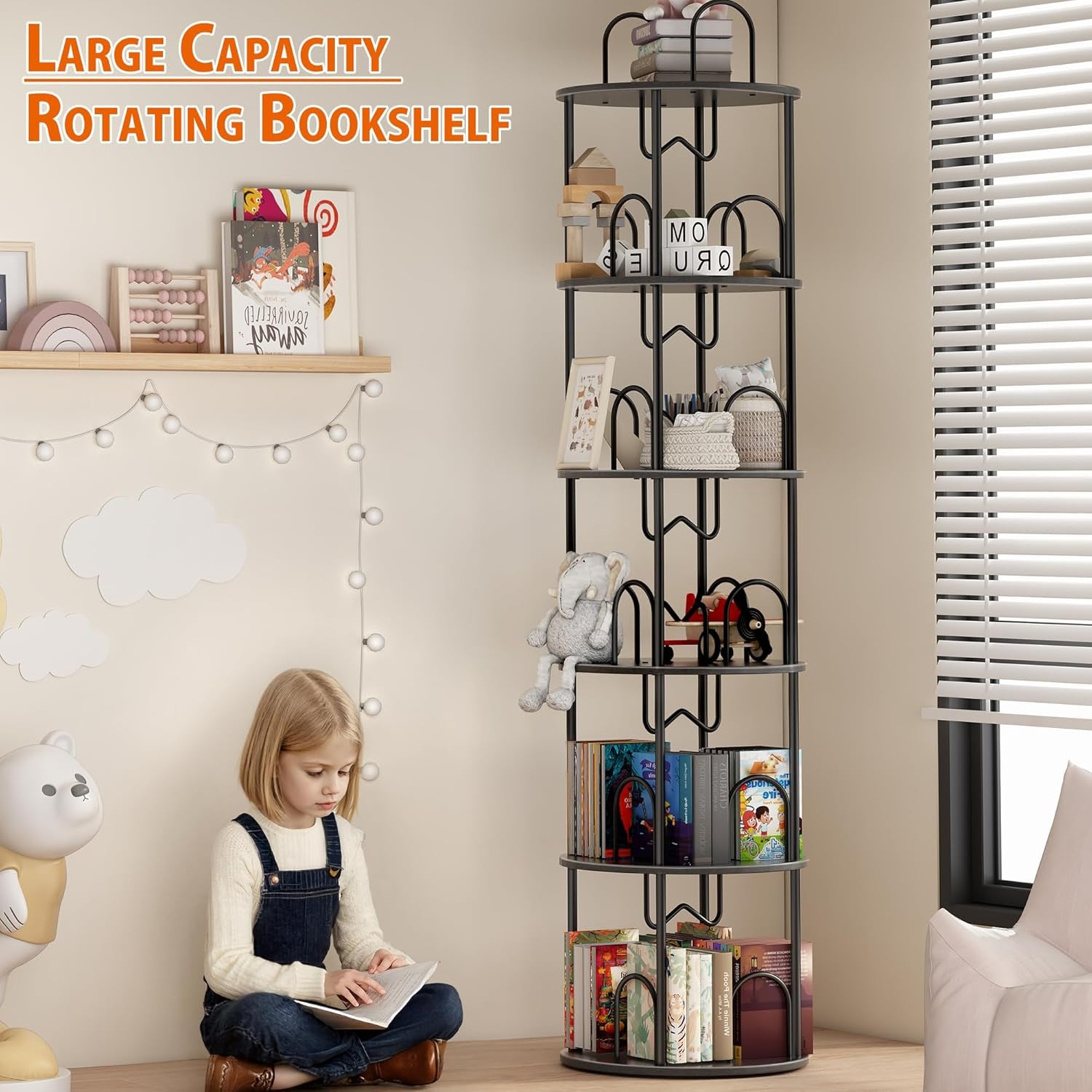 3 Tier Rotating Bookshelf, 360° Spinning Bookshelf Tower, round Narrow Space Saving for Books and Display, Revolving Bookcase Corner Tall Book Shelf for Small Spaces, Bedroom, Living Room, Gold