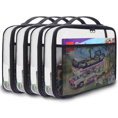 4 Packs PVC Zippered Blocks Set, Toy, Clay, Board Game Storage Organizer Case (Name Tag, Manual Pocket) (Black, Large)