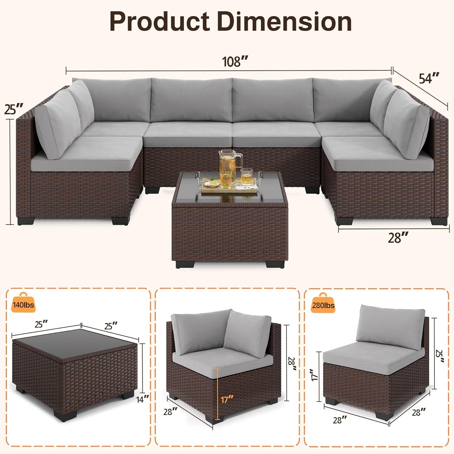 7-Piece Patio Furniture Set, Outdoor Sectional Couch with Water-Resistant Cushions & Coffee Table, PE Rattan Outdoor Patio Sofa Set for Backyard, Deck, Garden, or Porch, Grey
