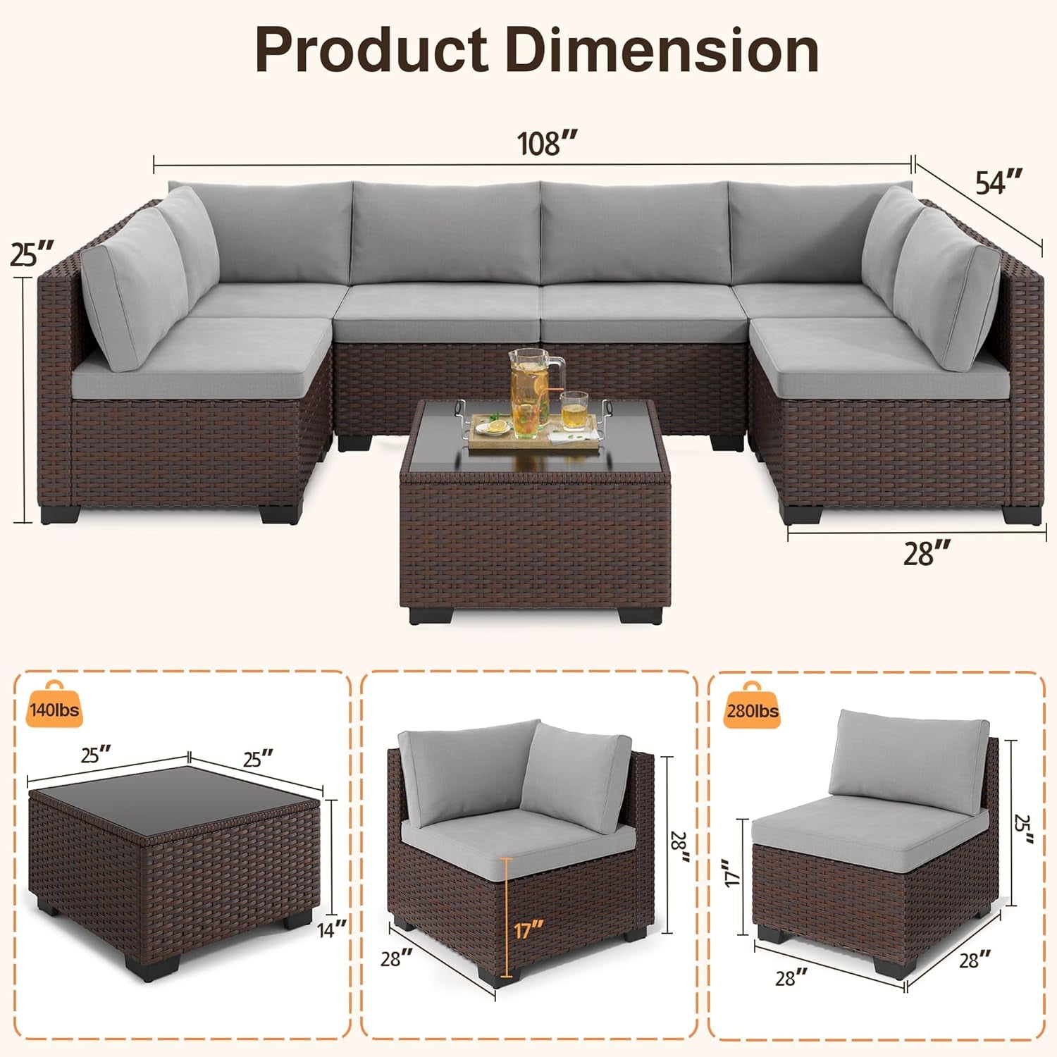 7-Piece Patio Furniture Set, Outdoor Sectional Couch with Water-Resistant Cushions & Coffee Table, PE Rattan Outdoor Patio Sofa Set for Backyard, Deck, Garden, or Porch, Grey