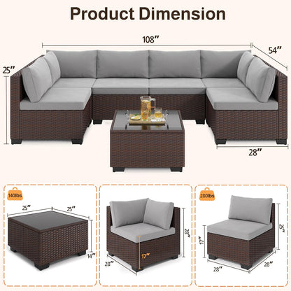 7-Piece Patio Furniture Set, Outdoor Sectional Couch with Water-Resistant Cushions & Coffee Table, PE Rattan Outdoor Patio Sofa Set for Backyard, Deck, Garden, or Porch, Grey