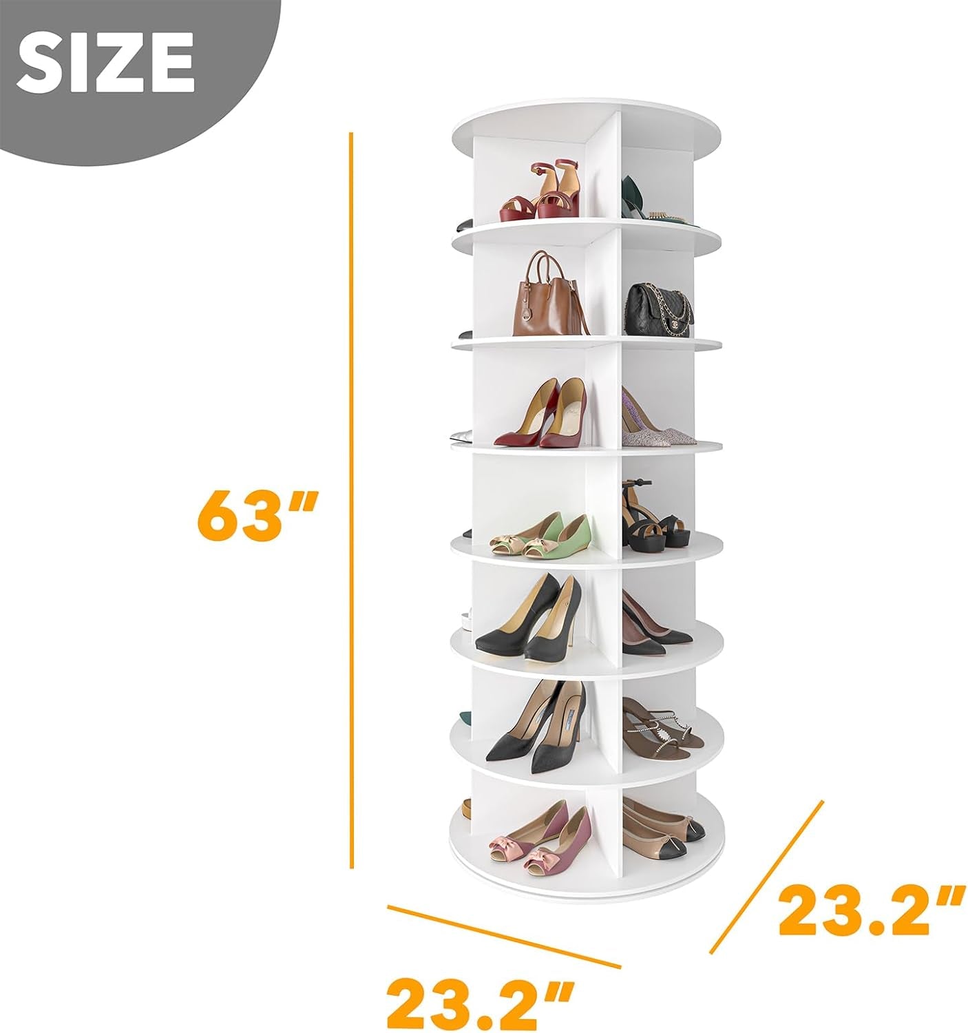 7 Tier Rotating Shoe Rack Tower, Spinning Shoe Display Lazy Susan, Revolving 360 Shoe Rack Storage round Carousel, Vertical Handbag Rotate Shoes Closet Organization (7-Tier White)