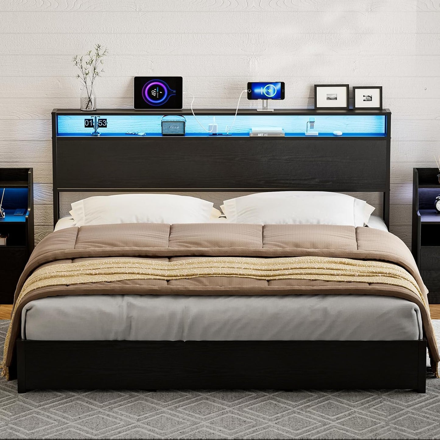 King Size Storage Headboard with LED Lights & Charging Station - Industrial Metal and Wood King Headboard Only for Bedroom, Attach Frame, Easy Assembly - Black