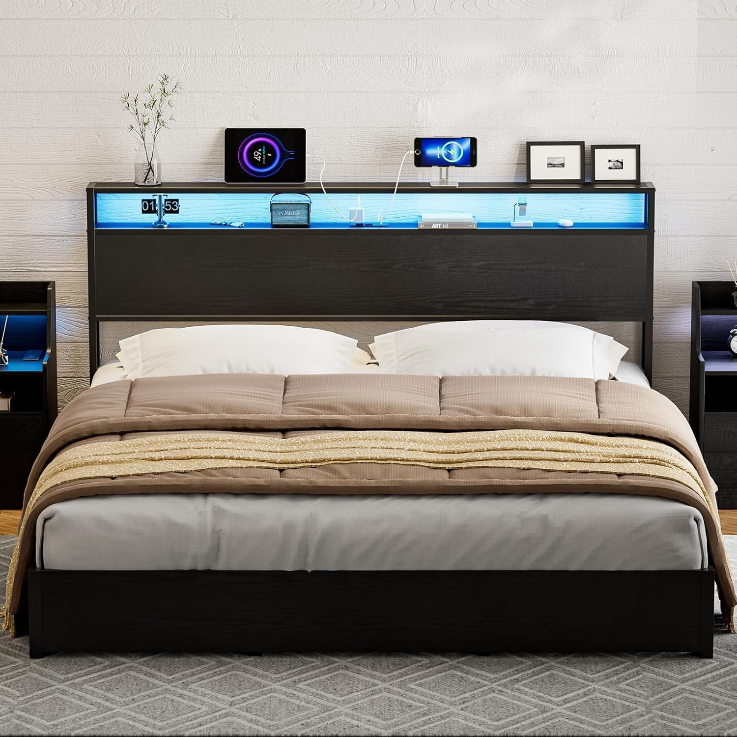 King Size Storage Headboard with LED Lights & Charging Station - Industrial Metal and Wood King Headboard Only for Bedroom, Attach Frame, Easy Assembly - Black