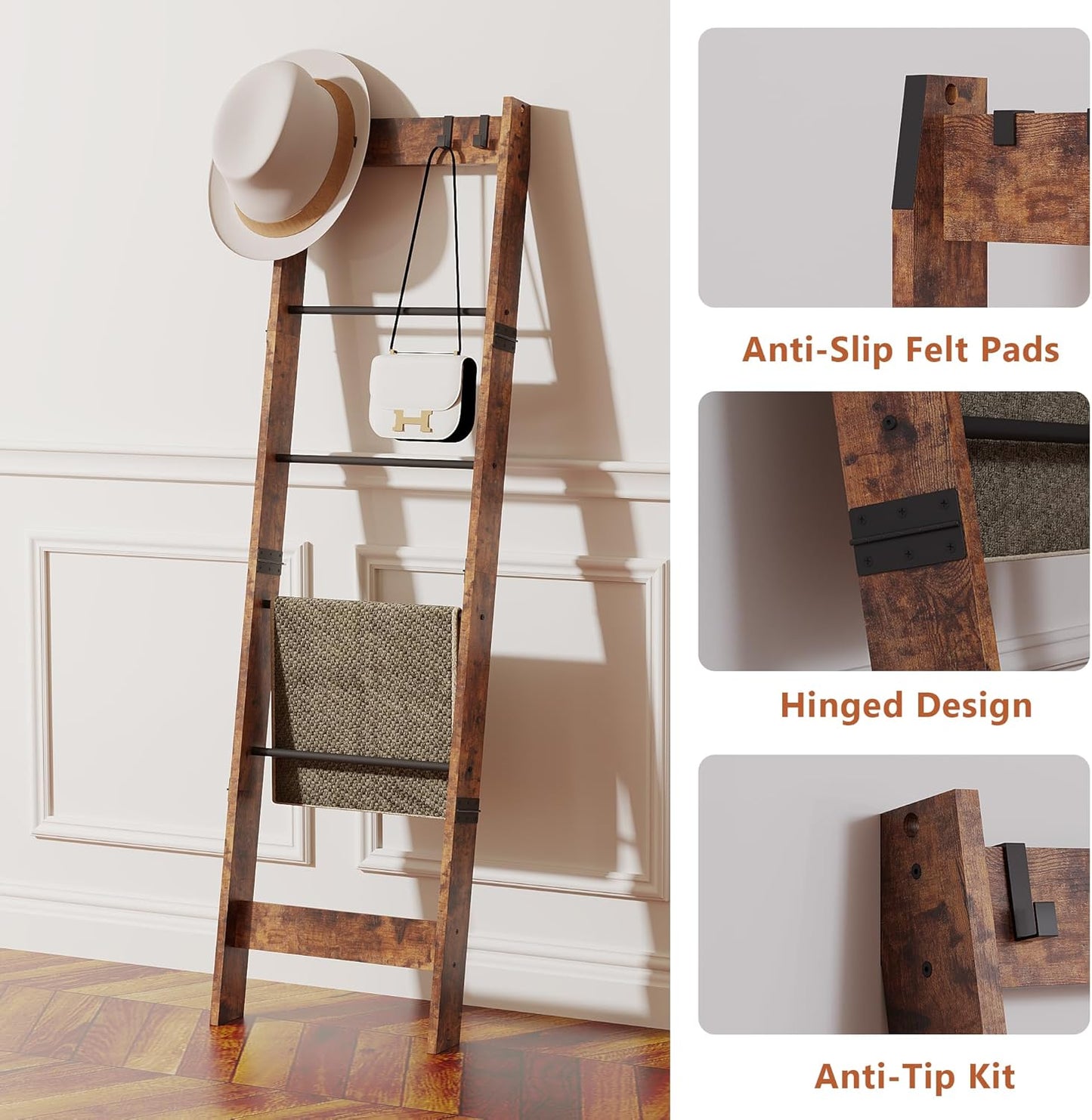 6 Tier Blanket Ladder Shelf for Living Room and Bedroom, Ladder Holder with 4 Metal Hooks, 5.2Ft Blanket Quilt Holder Rack, Farmhouse Ladder Rack for Storage and Home Decor, Rustic Brown