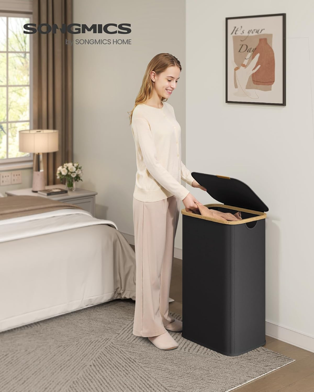 Laundry Hamper, Laundry Basket with Lid, Foldable Storage Basket, Bamboo Frame, for Bedroom, Living Room, Oxford Fabric, 26.4 Gal. (100 L), Ink Black ULCB518BH01