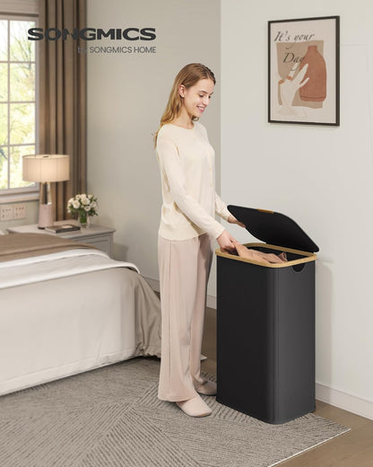 Laundry Hamper, Laundry Basket with Lid, Foldable Storage Basket, Bamboo Frame, for Bedroom, Living Room, Oxford Fabric, 26.4 Gal. (100 L), Ink Black ULCB518BH01