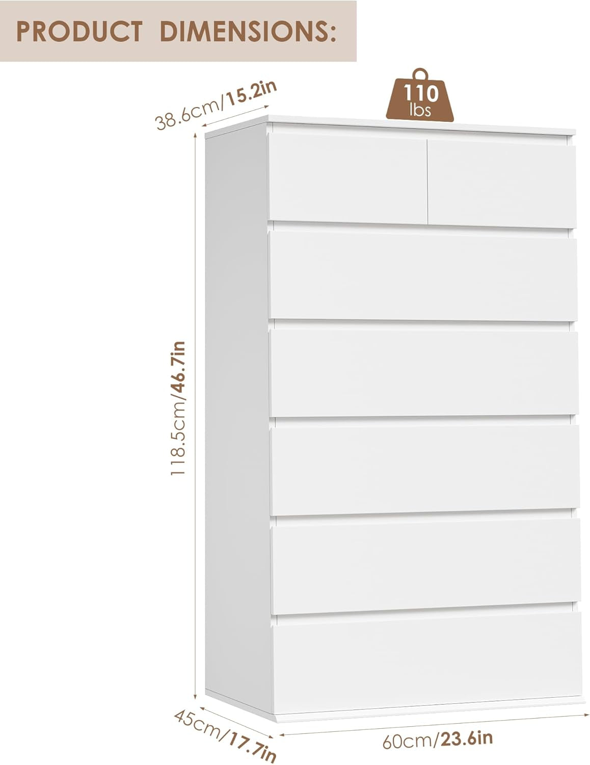 7 Drawer Dresser, White Dresser Tall Dresser, 23.6W X 15.7D X 46.7H in White Chest of Drawers with Large Storage Space for Home