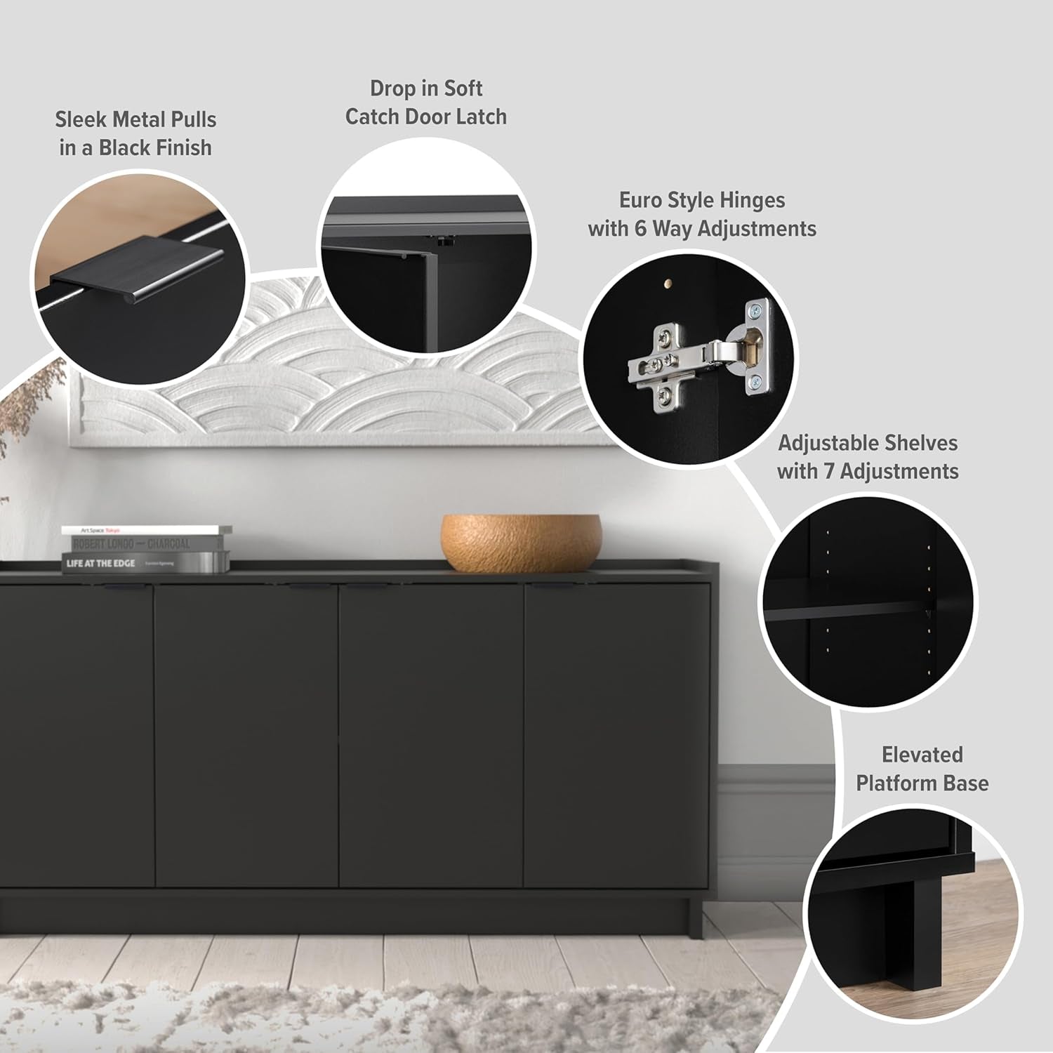 Simply Modern 4 Door Console Table Storage Cabinet, Buffet Cabinet for Storage and Organization, Modern Side Table with Doors & Shelves, 60”W X 30”H X 16”D, Black