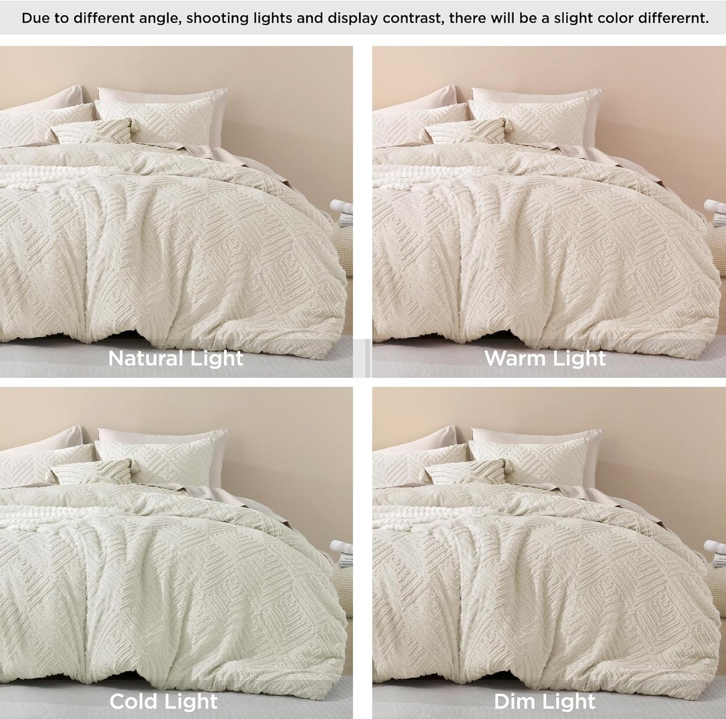 Queen Comforter Set Beige, 3 Pieces Cream Tufted Boho Farmhouse Bedding Comforter Sets, Lightweight Fluffy Comforter Bed Set for All Season (90X90In Comforter and 2 Pillowcases)