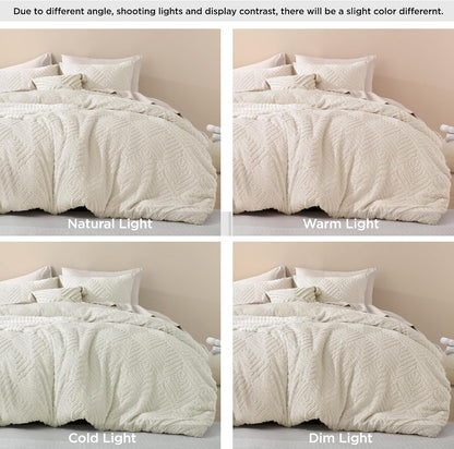 Queen Comforter Set Beige, 3 Pieces Cream Tufted Boho Farmhouse Bedding Comforter Sets, Lightweight Fluffy Comforter Bed Set for All Season (90X90In Comforter and 2 Pillowcases)