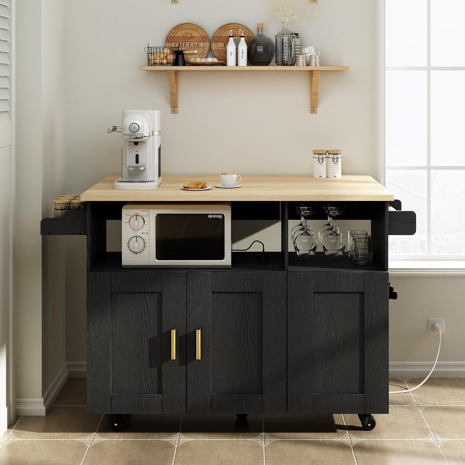 Rolling Mobile Kitchen Island with Storage and Drop Leaf, Island Table with Countertop Power Socket and Wheel (Black, Model 1.2)
