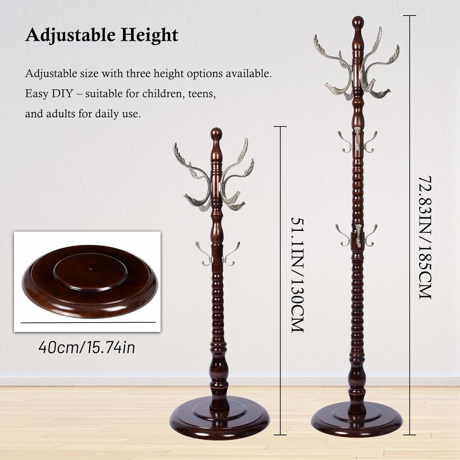 Coat Rack Stand, Solid Wooden Coat Tree with 11 Hooks, Heavy Duty Coat Rack Freestanding with Sturdy round Base, Natural Birch Wood Coat Hanger Stand for Entryway Bedroom (Brown Triangle)