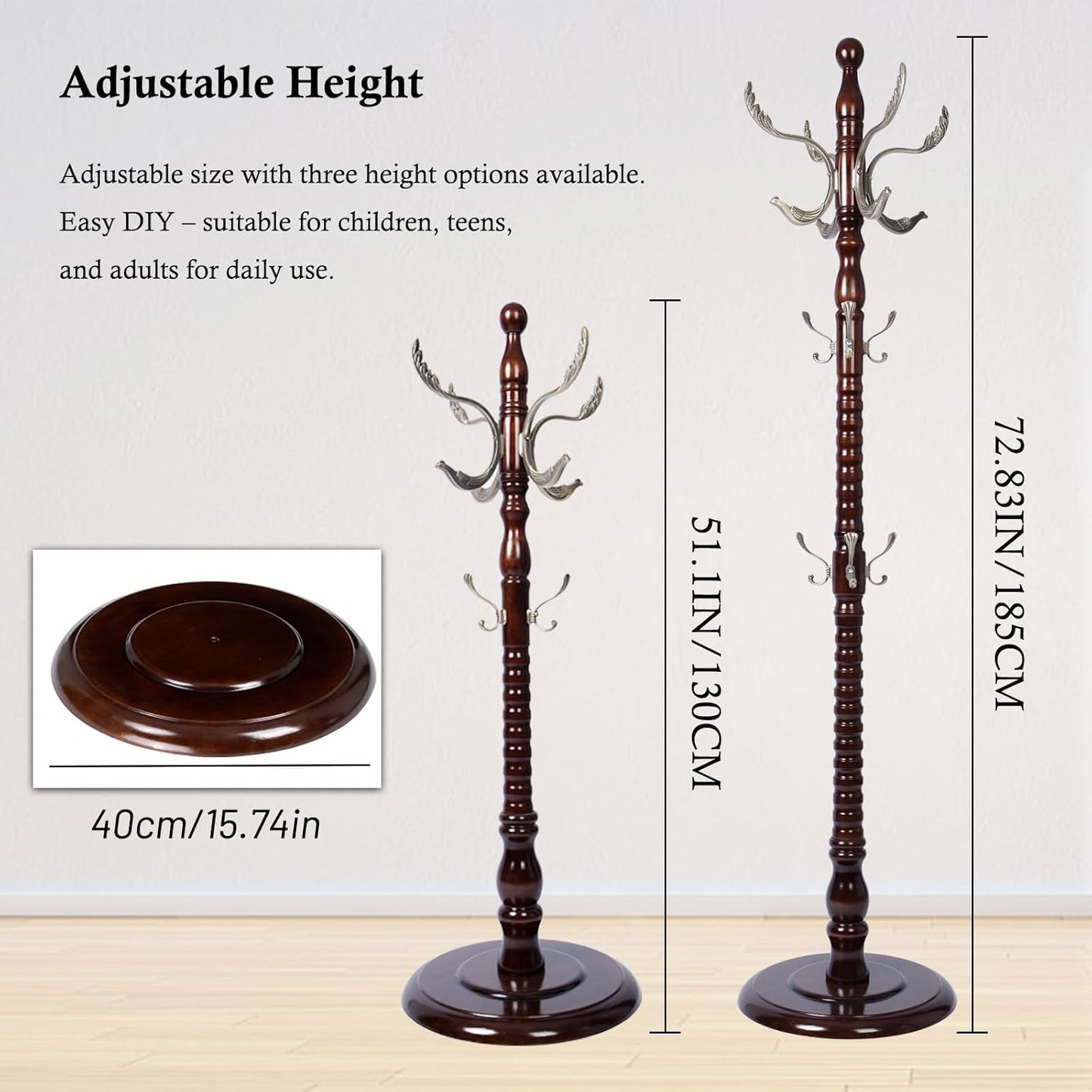 Coat Rack Stand, Solid Wooden Coat Tree with 11 Hooks, Heavy Duty Coat Rack Freestanding with Sturdy round Base, Natural Birch Wood Coat Hanger Stand for Entryway Bedroom (Circular)