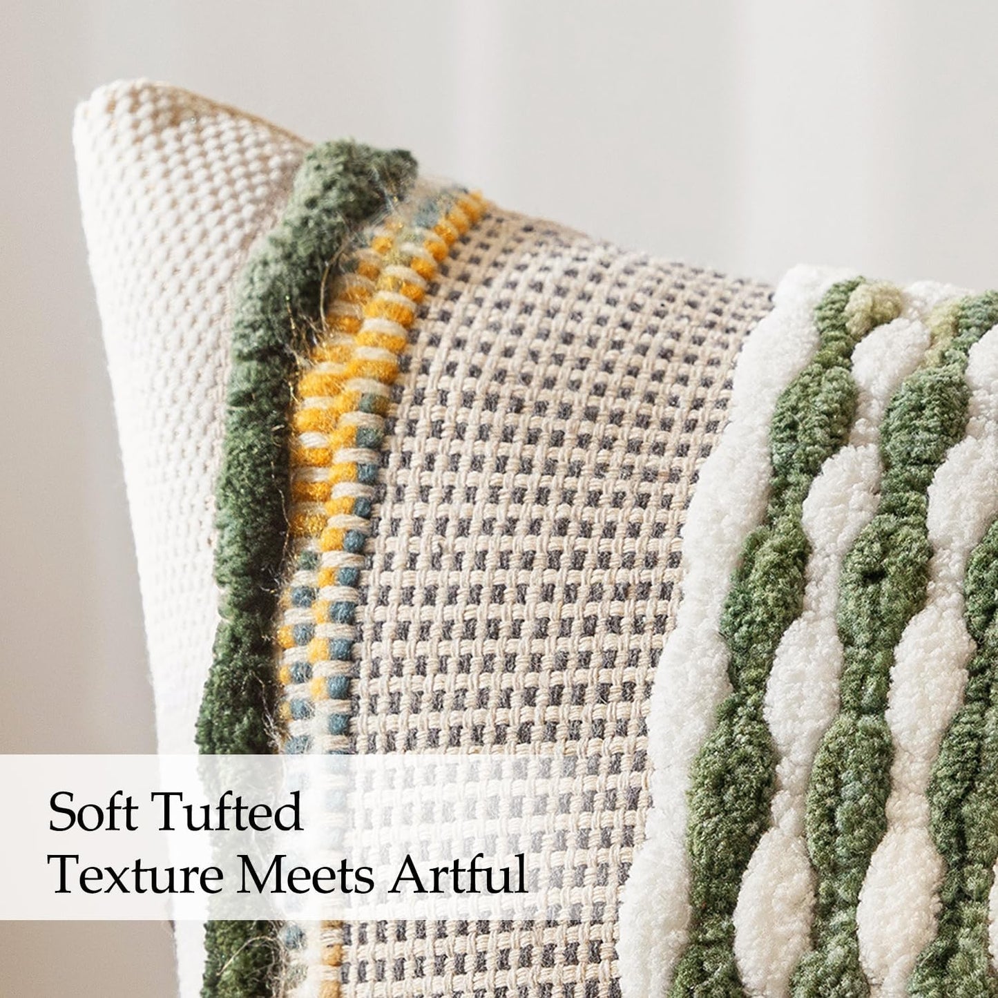 Pack of 2 Boho Decorative Throw Pillow Covers 18X18 Farmhouse Cushion Case Striped Chenille Pillow Cases Square Pillow Covers Accent Neutral Pillowcase for Sofa Couch Bed, Olive Green Stripe