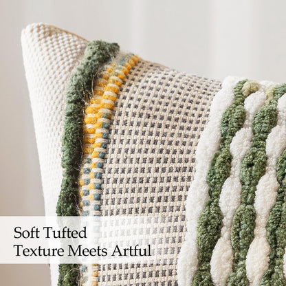 Pack of 2 Boho Decorative Throw Pillow Covers 18X18 Farmhouse Cushion Case Striped Chenille Pillow Cases Square Pillow Covers Accent Neutral Pillowcase for Sofa Couch Bed, Olive Green Stripe