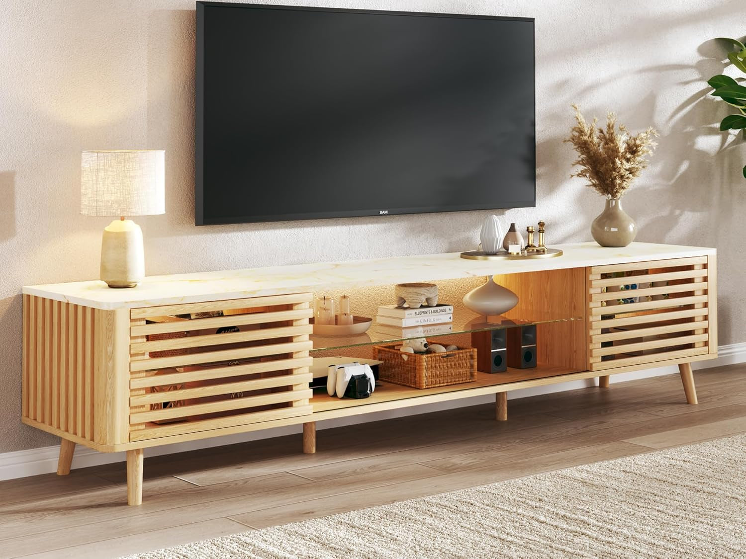 70" TV Stand for 55/65/75 Inch TV, Faux Marble Top Entertainment Center with Slatied Sliding Door & LED Lights, Mid Century Modern Style, Low TV Console with Glass Shelves for Bedroom