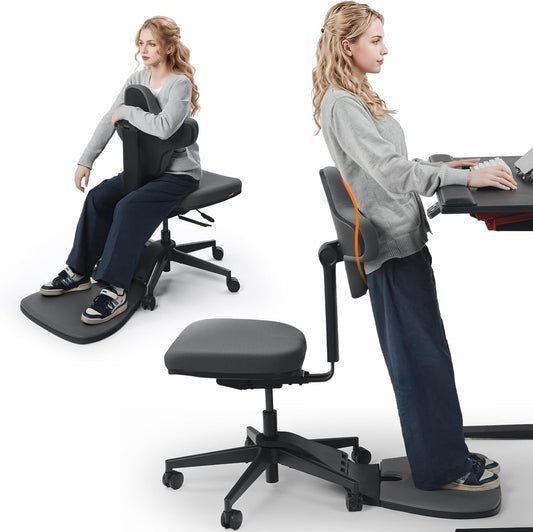 Standing Mate Chair, 5-In-1 Ergonomic Office Chair for Standing Desk, Sit Stand Lean Perch Saddle Stool with Flip Backrest & Dynamic Posture Support, Height Adjustable Active Chair
