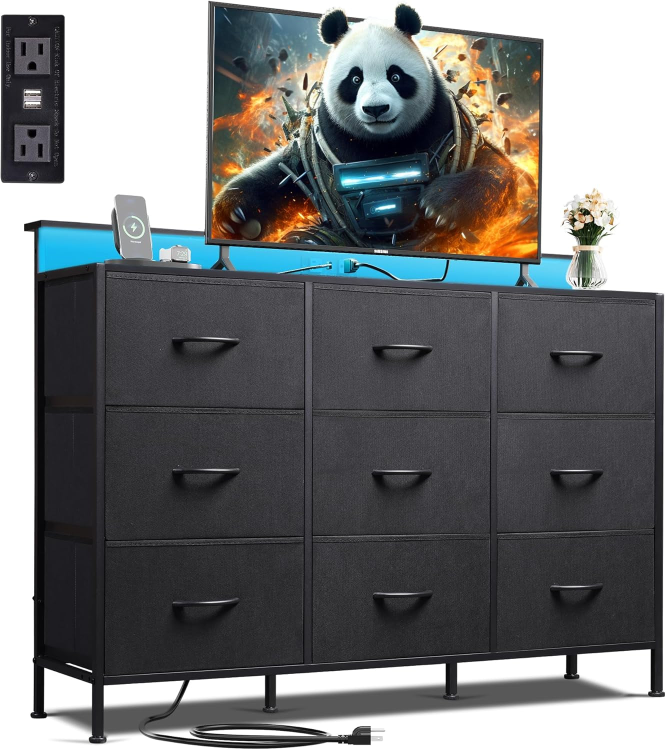Black TV Stand for 45, 50, 55 Inch TV, Entertainment Center with LED Lights & Charging Station, TV Media Console Table with 9 Fabric Drawers and Open Shelves for Living Room, Hallway, Wood Top